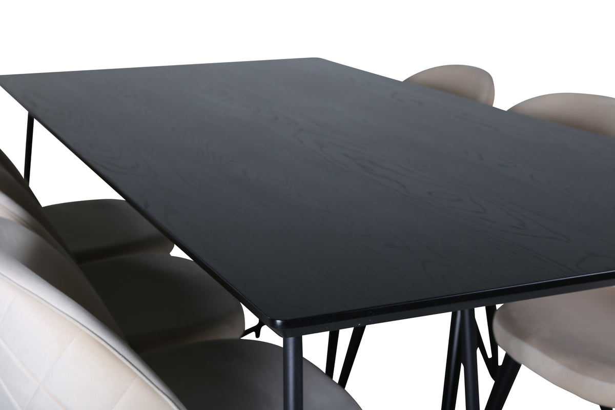 Venture Design Petra & Velvet Rektangulära Matbord 190 x 90 Svart + Matstolar 2-pack Beige