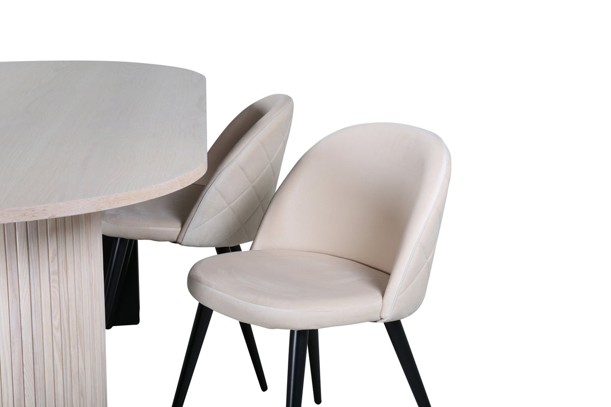 Venture Design Bianca & Velvet Ovala Matbord 200 x 90 Vitputsad + Matstolar 2-pack Beige