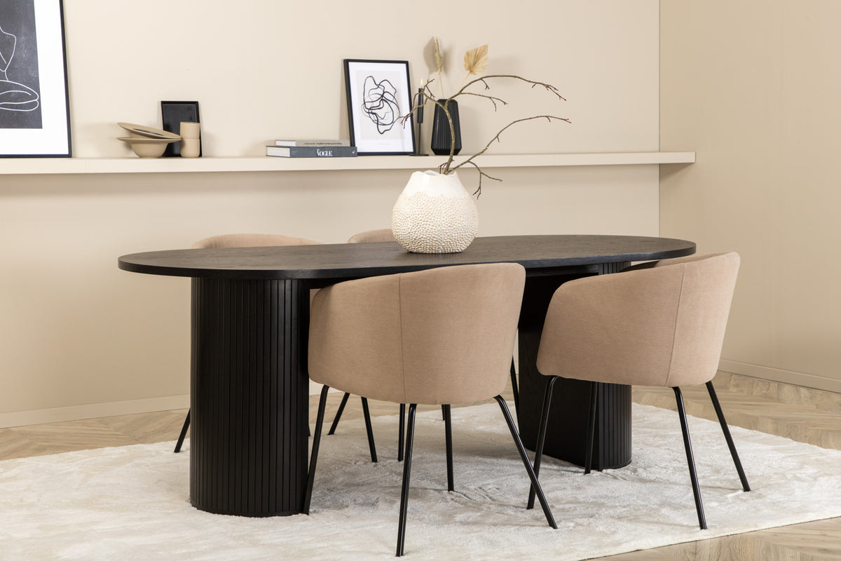 Venture Design Berit & Bianca Matstolar Beige + Ovala Matbord 200 x 90 Svart