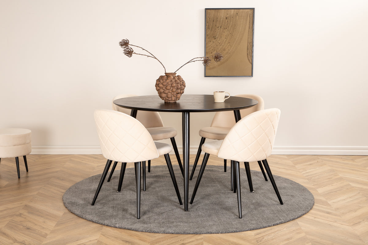Venture Design Dipp & Velvet Runda Matbord ⌀115 Svart + Matstolar 2-pack Beige