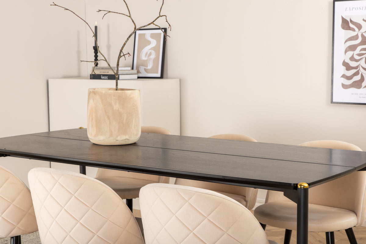Venture Design Pelle & Velvet Rektangulära Matbord 190 x 90 Svart + Matstolar 2-pack Beige