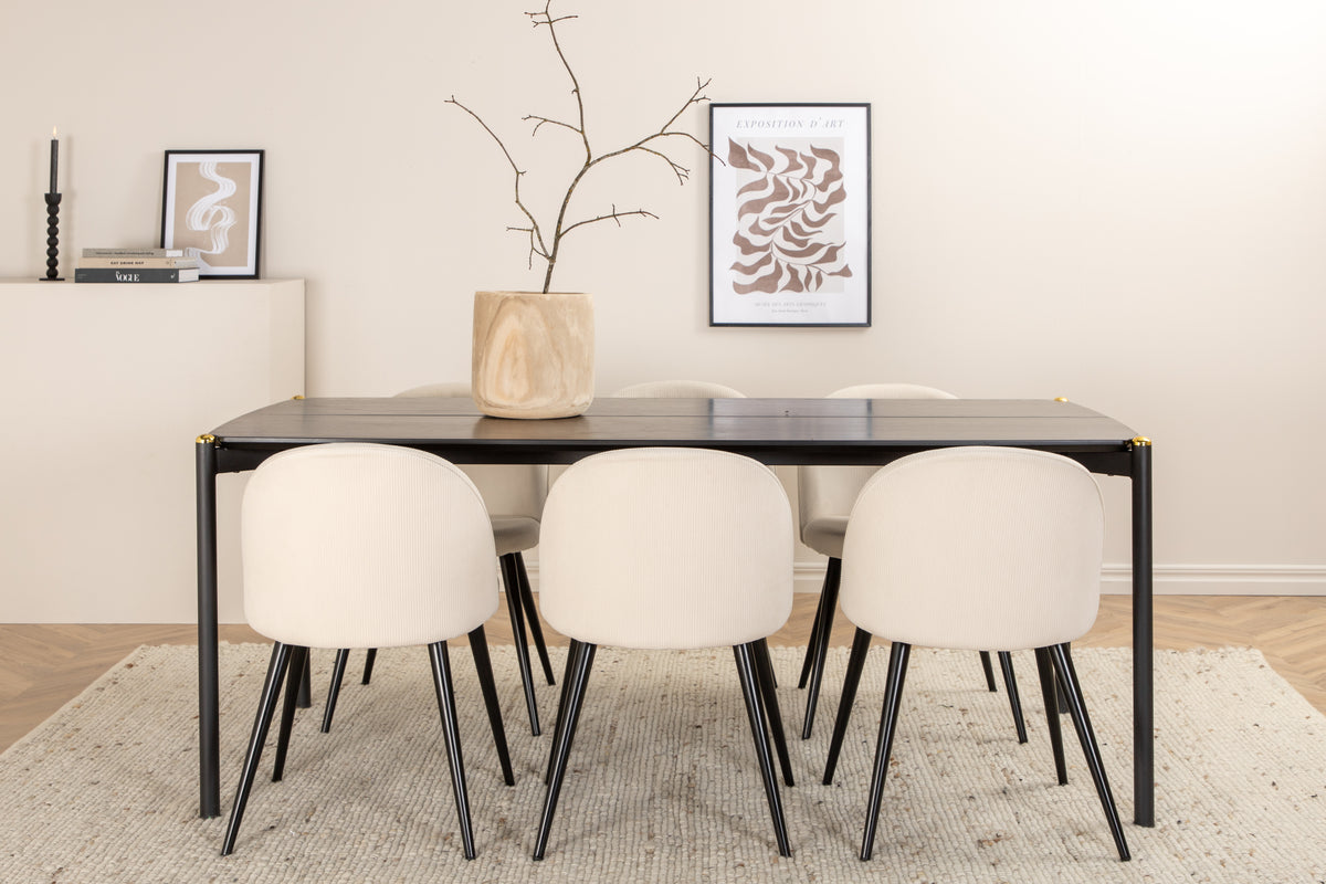 Venture Design Pelle & Velvet Rektangulära Matbord 190 x 90 Svart + Matstolar 2-pack Grädde