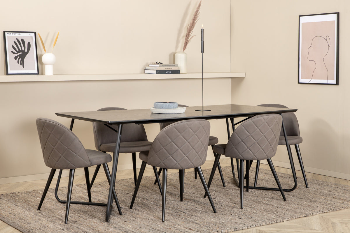 Venture Design Petra & Velvet Rektangulära Matbord 190 x 90 Svart + Matstolar 2-pack Grå