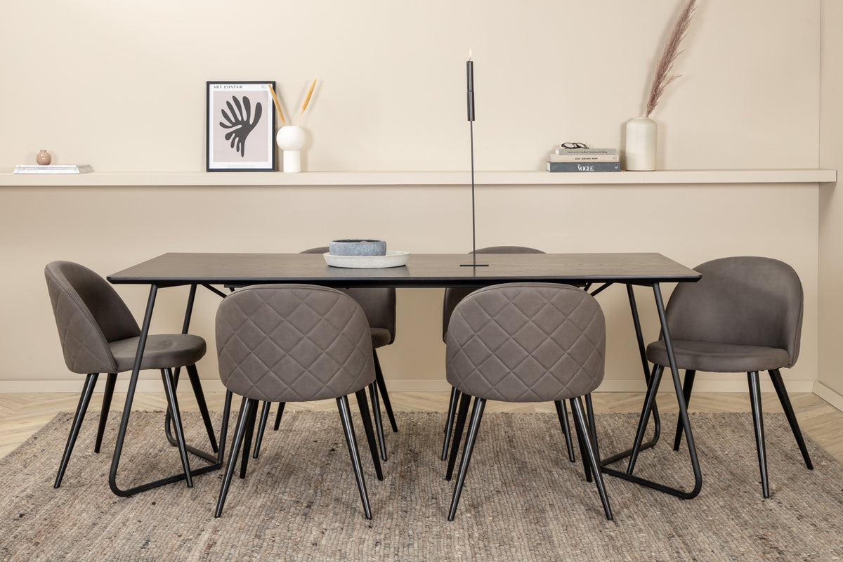 Venture Design Petra & Velvet Rektangulära Matbord 190 x 90 Svart + Matstolar 2-pack Grå