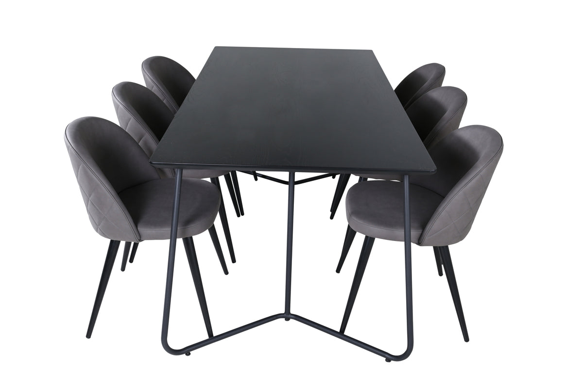 Venture Design Petra & Velvet Rektangulära Matbord 190 x 90 Svart + Matstolar 2-pack Grå