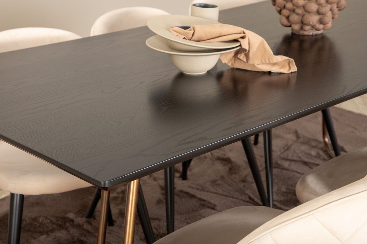 Venture Design Petra & Velvet Rektangulära Matbord 190 x 90 Svart + Matstolar 2-pack Beige