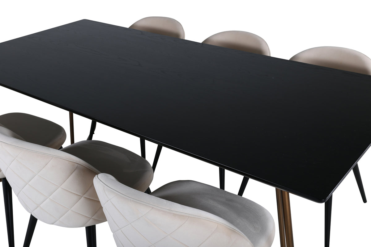 Venture Design Petra & Velvet Rektangulära Matbord 190 x 90 Svart + Matstolar 2-pack Beige