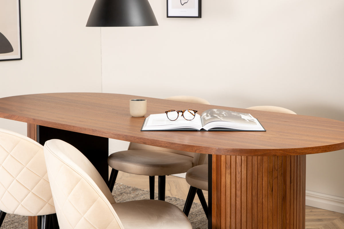 Venture Design Bianca & Velvet Ovala Matbord 200 x 90 Valnöt + Matstolar 2-pack Beige