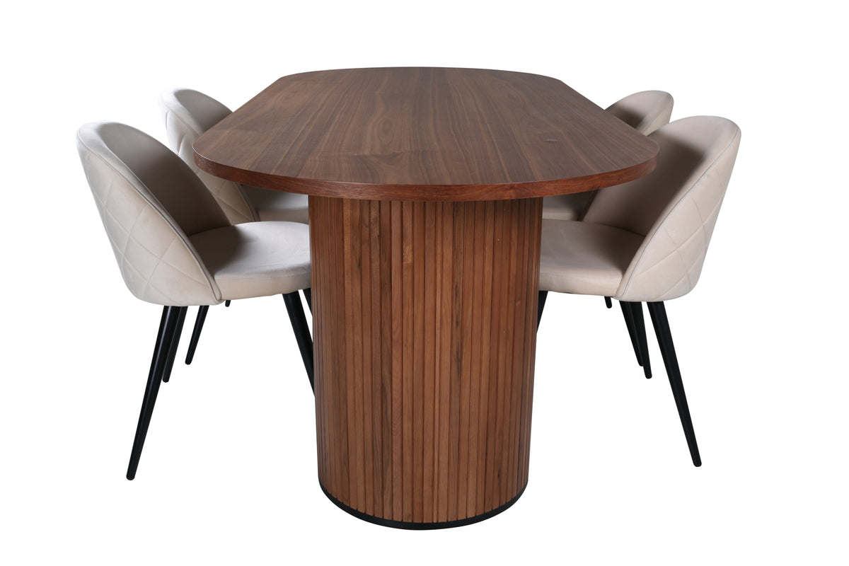 Venture Design Bianca & Velvet Ovala Matbord 200 x 90 Valnöt + Matstolar 2-pack Beige