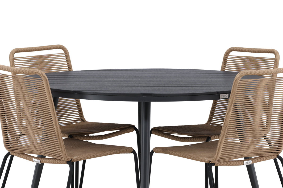 Venture Design Break & Lindos Runda Matbord ⌀120 Svart + Matstolar 2-pack Brun