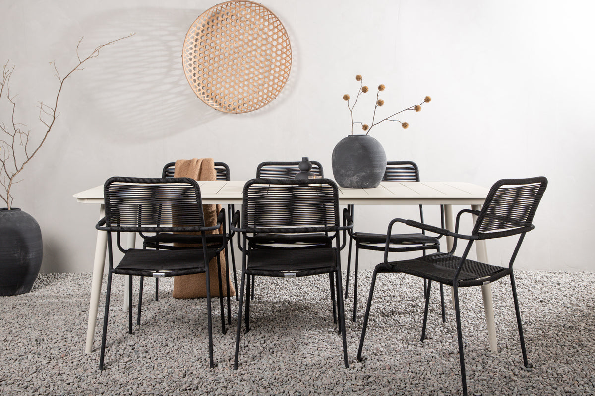 Venture Design Lina & Lindos Rektangulära Matbord 200 x 90 Beige + Matstolar 2-pack Svart