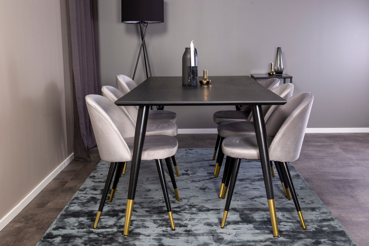 Venture Design Dipp & Velvet Rektangulära Matbord 180 x 90 Svart + Matstolar 2-pack Grå