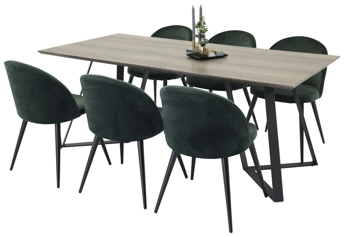 Venture Design Velvet & Marina Matstolar 2-pack Grön + Rektangulära Matbord 180 x 90 Natur