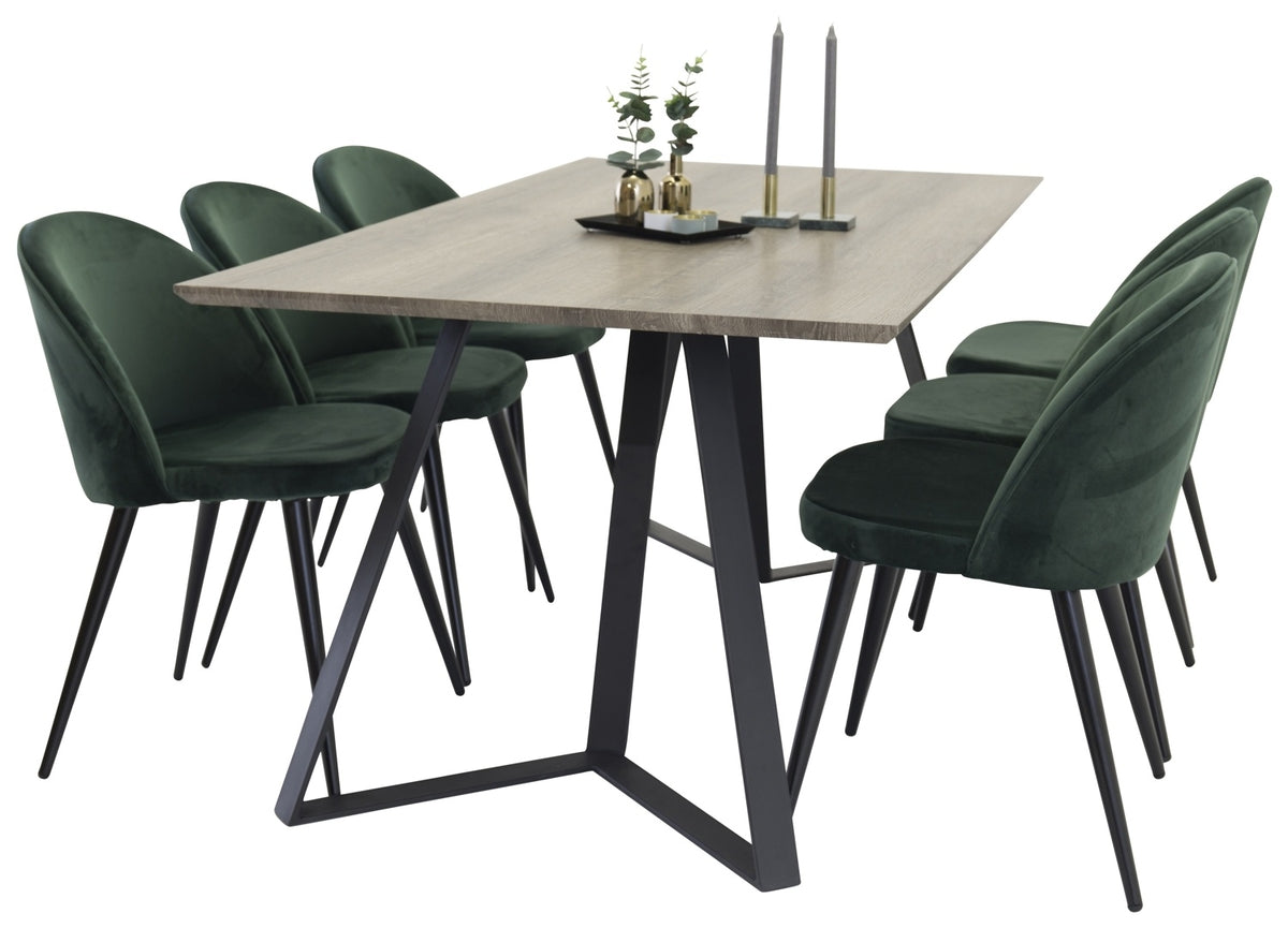 Venture Design Velvet & Marina Matstolar 2-pack Grön + Rektangulära Matbord 180 x 90 Natur