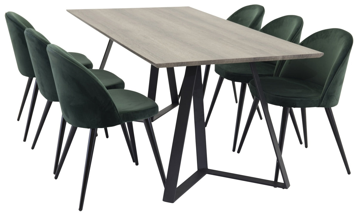 Venture Design Velvet & Marina Matstolar 2-pack Grön + Rektangulära Matbord 180 x 90 Natur
