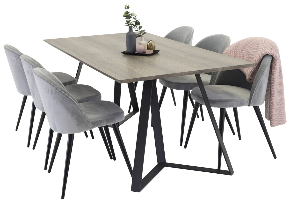 Venture Design Velvet & Marina Matstolar 2-pack Grå + Rektangulära Matbord 180 x 90 Natur