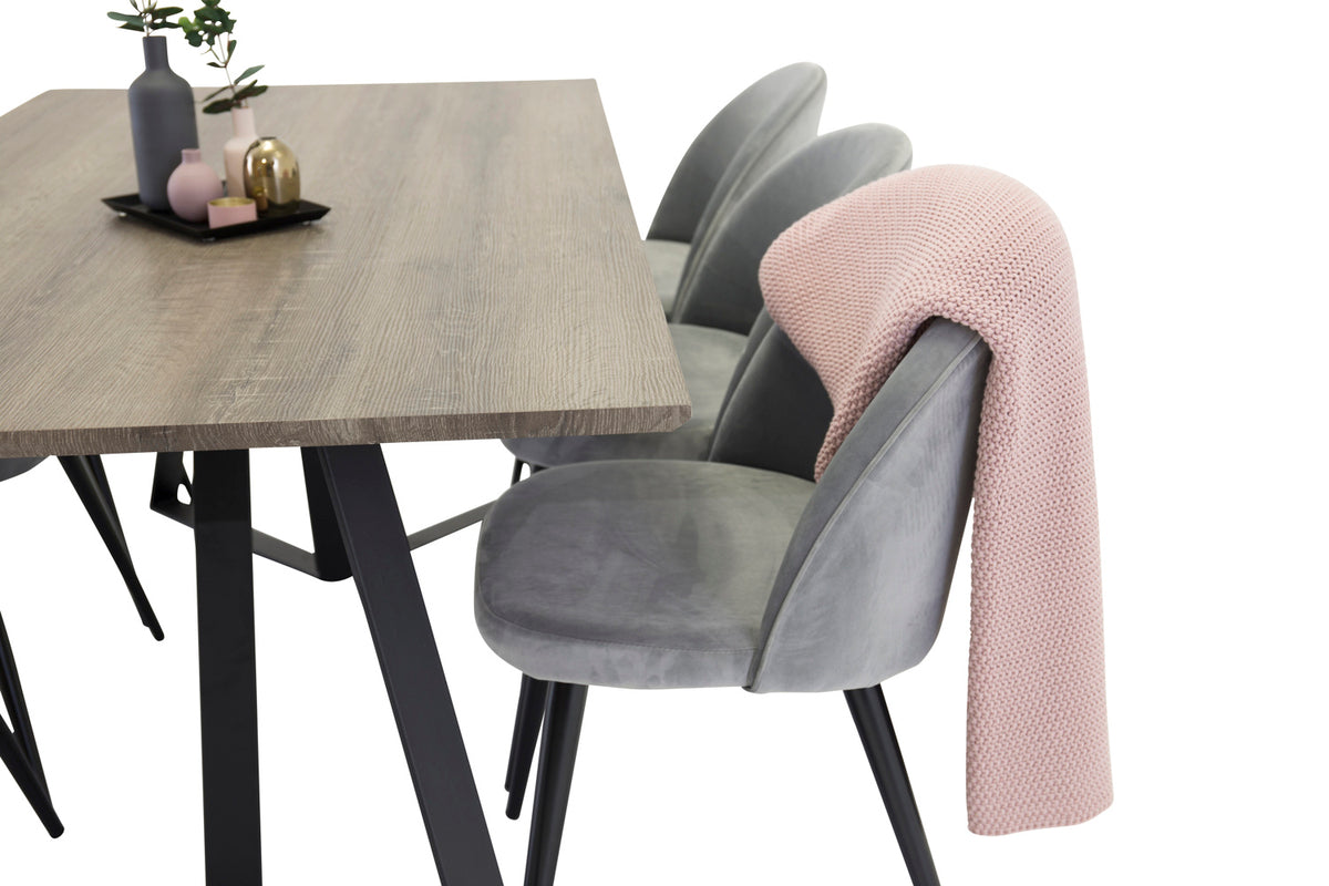 Venture Design Velvet & Marina Matstolar 2-pack Grå + Rektangulära Matbord 180 x 90 Natur