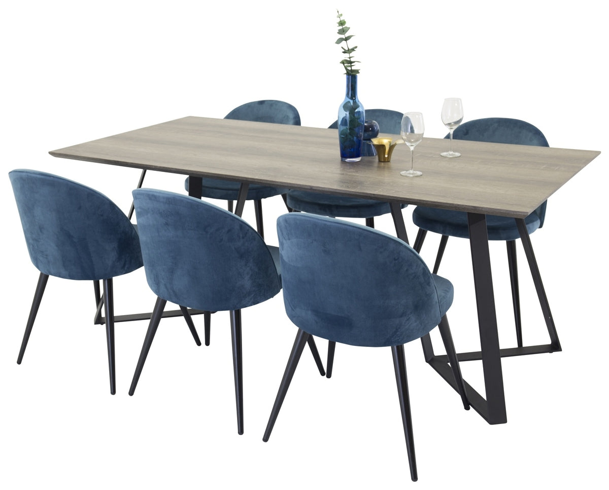 Venture Design Velvet & Marina Matstolar 2-pack Blå + Rektangulära Matbord 180 x 90 Natur