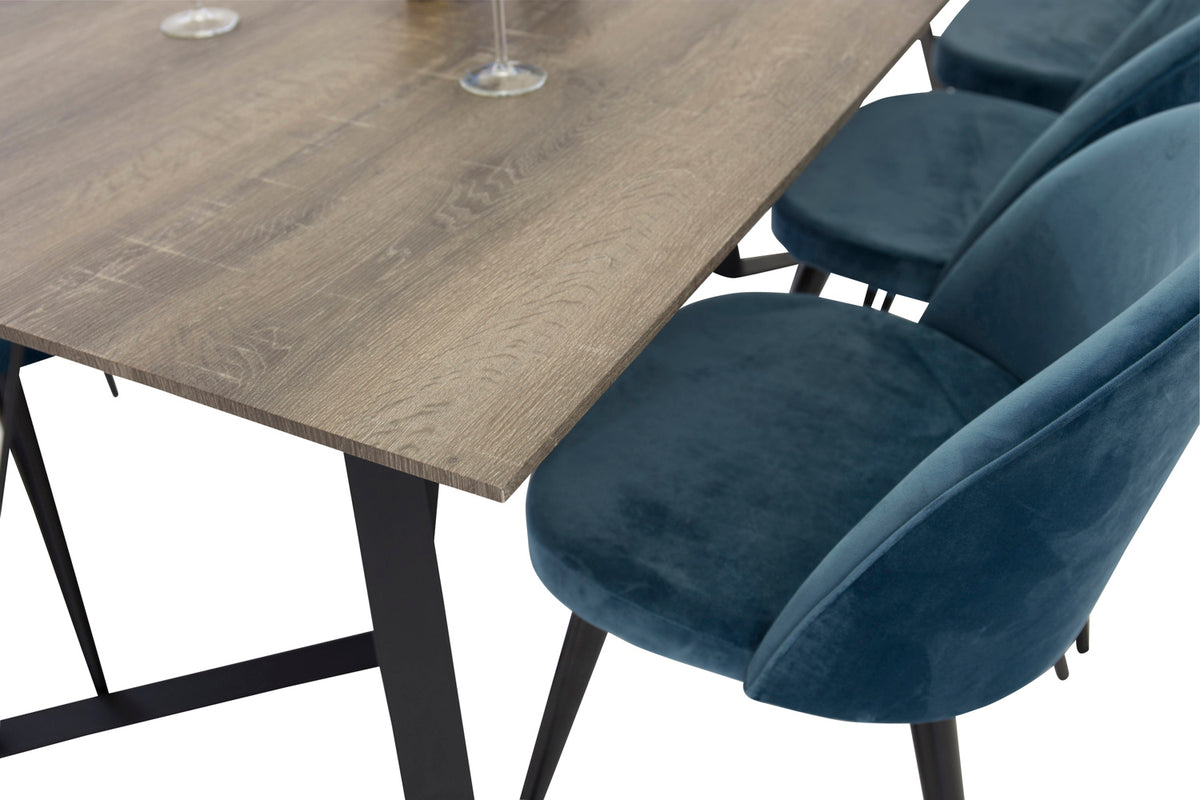 Venture Design Velvet & Marina Matstolar 2-pack Blå + Rektangulära Matbord 180 x 90 Natur
