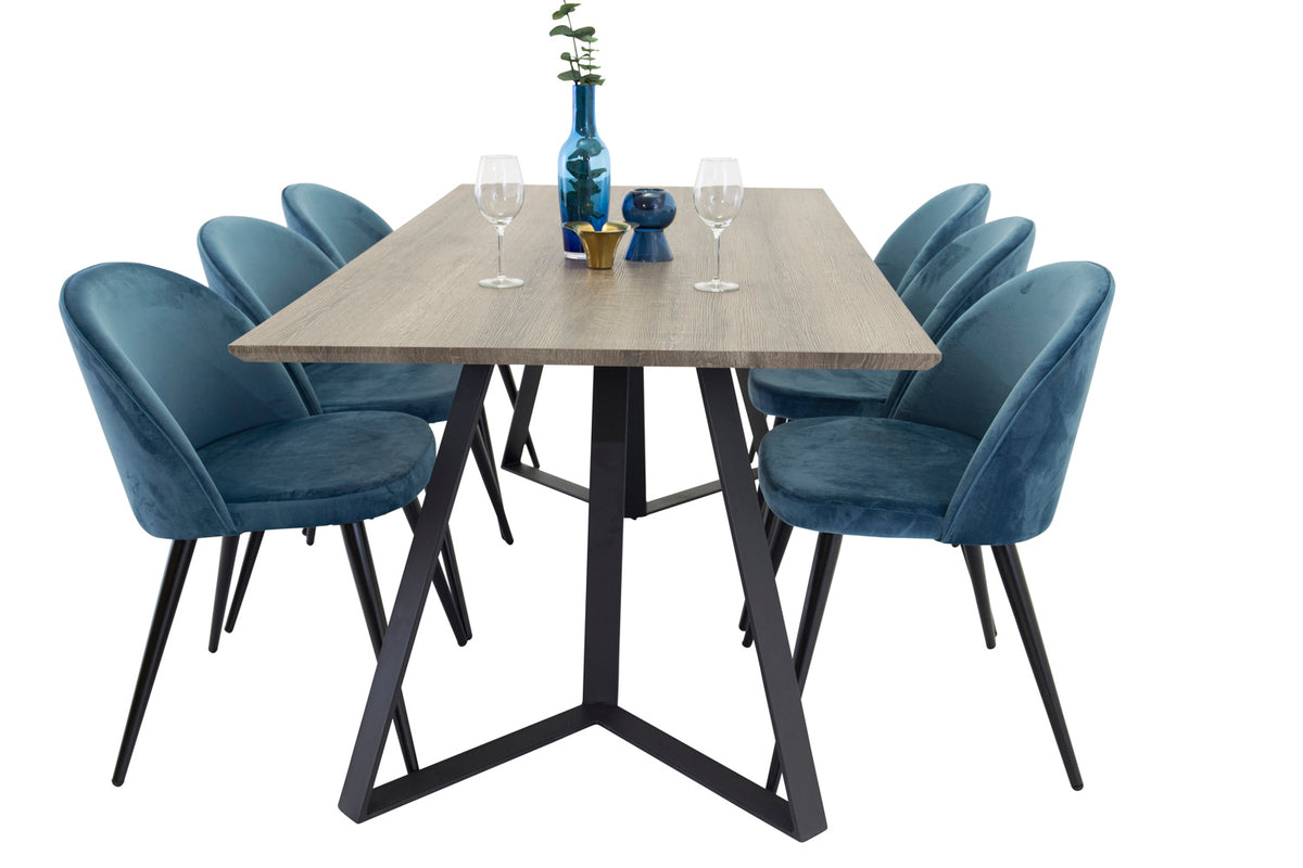 Venture Design Velvet & Marina Matstolar 2-pack Blå + Rektangulära Matbord 180 x 90 Natur