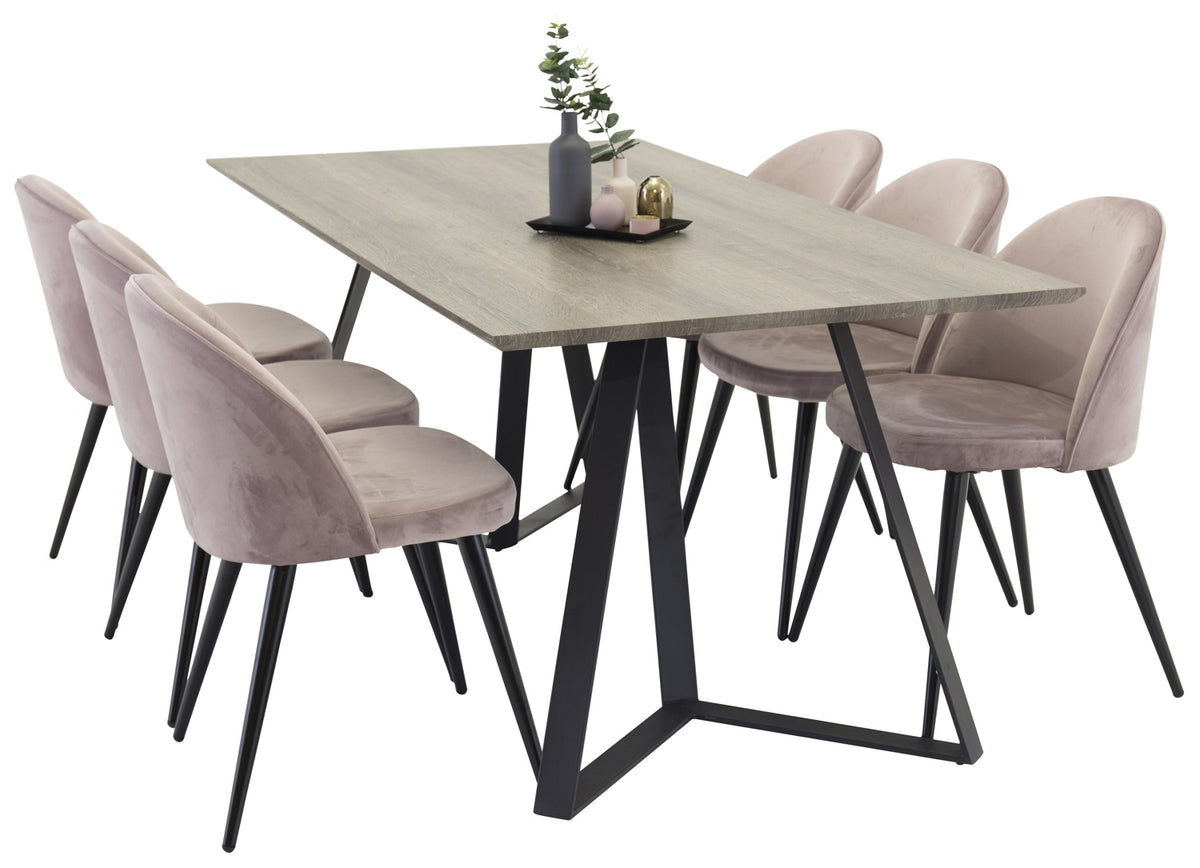 Venture Design Velvet & Marina Matstolar 2-pack Gammelrosa + Rektangulära Matbord 180 x 90 Natur