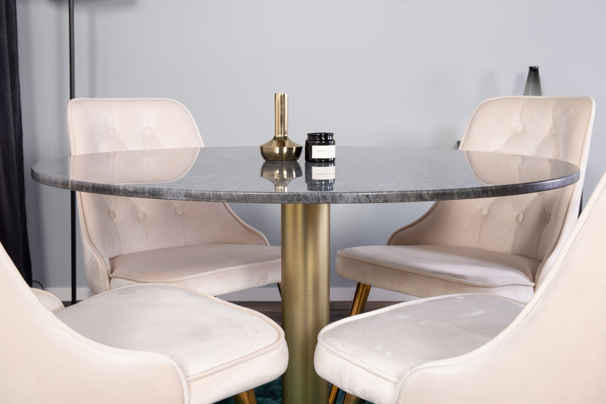 Venture Design Estelle & Velvet Deluxe Runda Matbord ⌀106 Mörkgrå + Matstolar 2-pack Beige