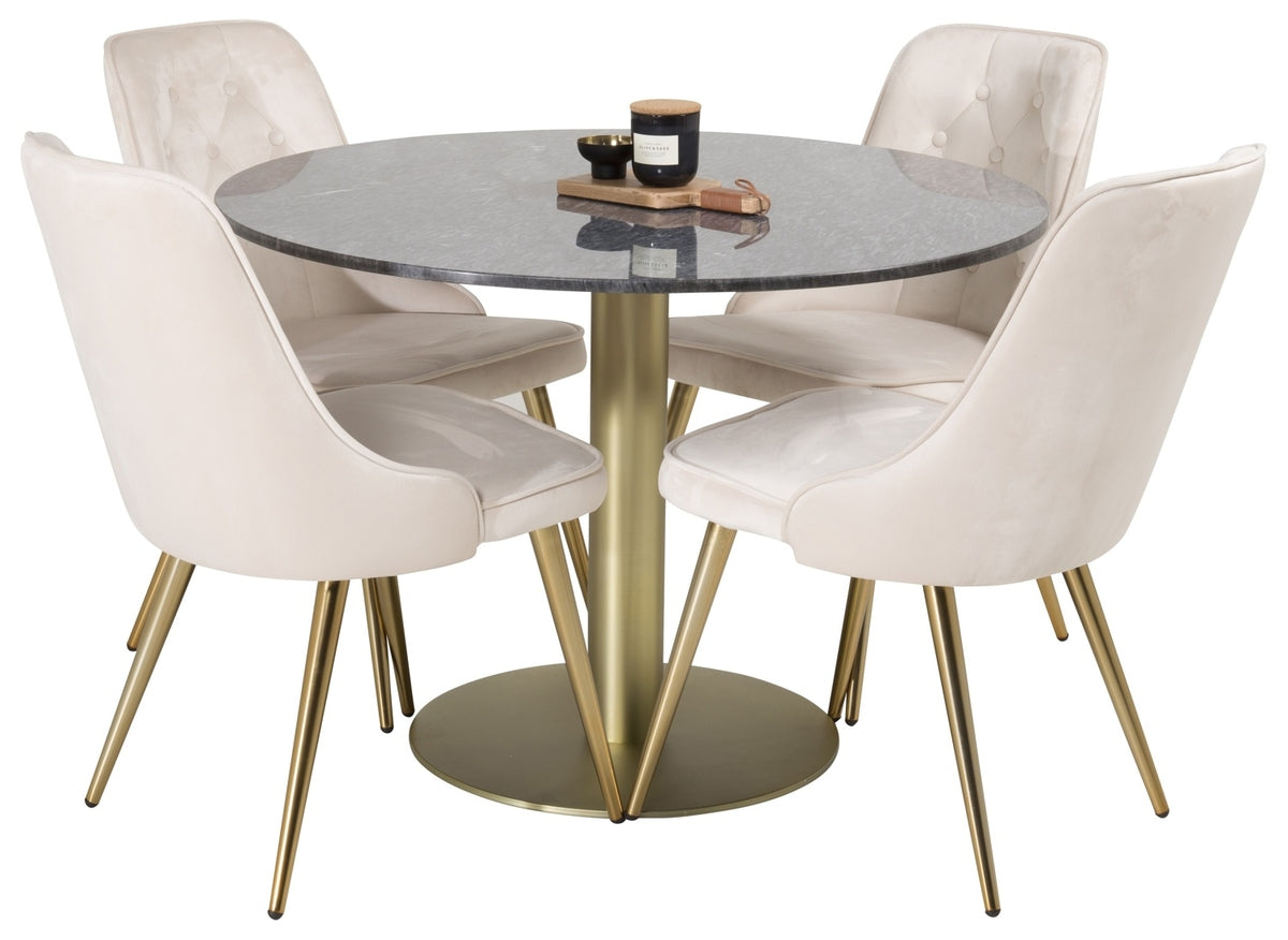 Venture Design Estelle & Velvet Deluxe Runda Matbord ⌀106 Mörkgrå + Matstolar 2-pack Beige