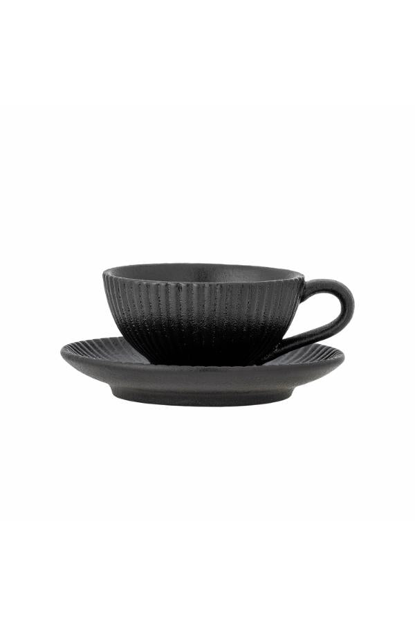 Bloomingville Neri Cappuccinokopp med fat, svart, stengods C:D9,5xH6/S:D13,5xH2,5 cm, 8-pack