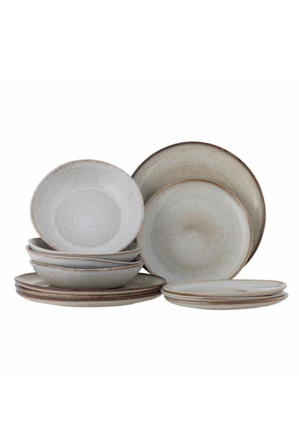 Bloomingville Sandrine Servisset, Natur, Stengods P:D28,5xH2,5/D22xH2/DP:D22xH5cm, Set om 12