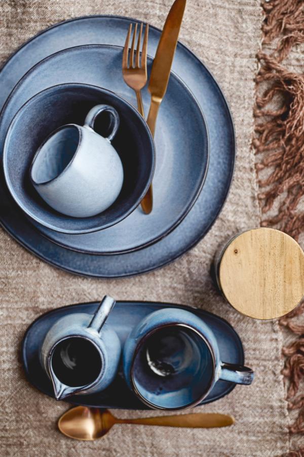 Bloomingville Sandrine Frukostset, Blå, Stengods C:D8,5xH8/B:D15xH8/P:D22xH2, Set om 12