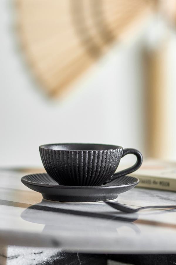Bloomingville Neri Cappuccinokopp med fat, svart, stengods C:D9,5xH6/S:D13,5xH2,5 cm, 8-pack