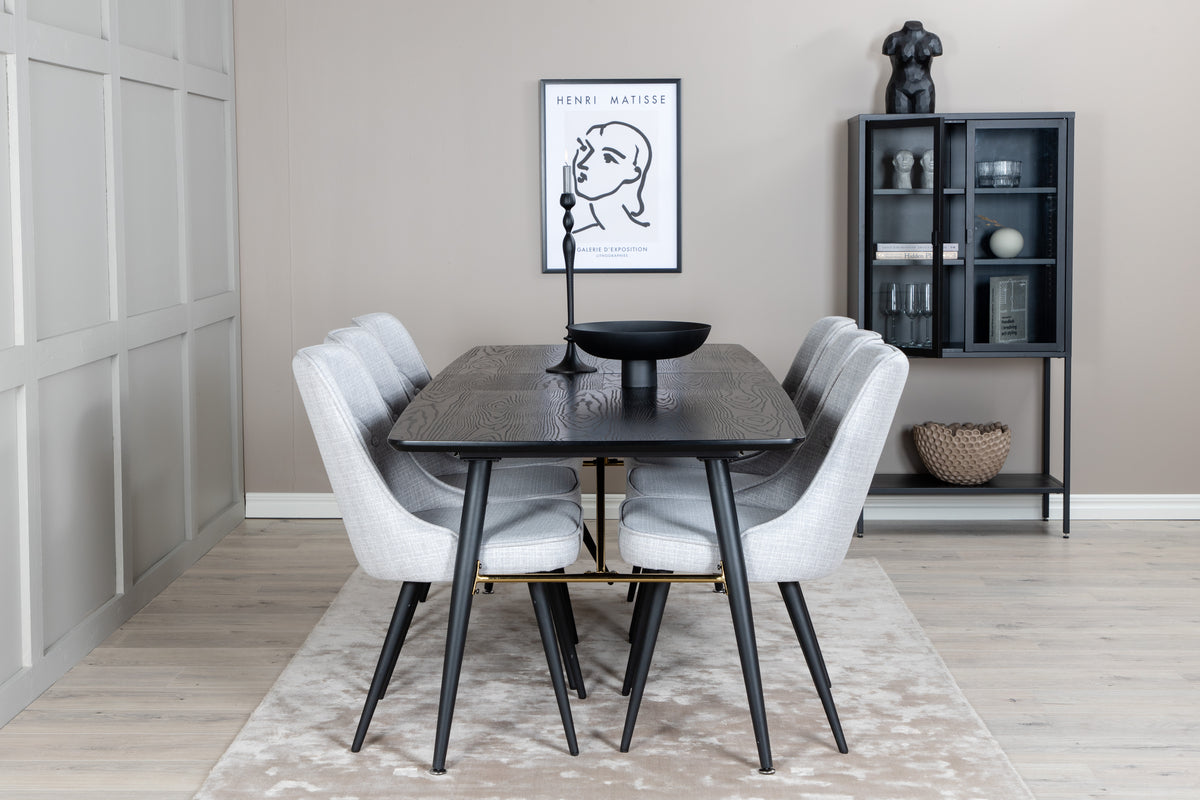 Venture Design Gold & Velvet Deluxe Rektangulära Matbord 180 x 85 Svart + Matstolar 2-pack Grå