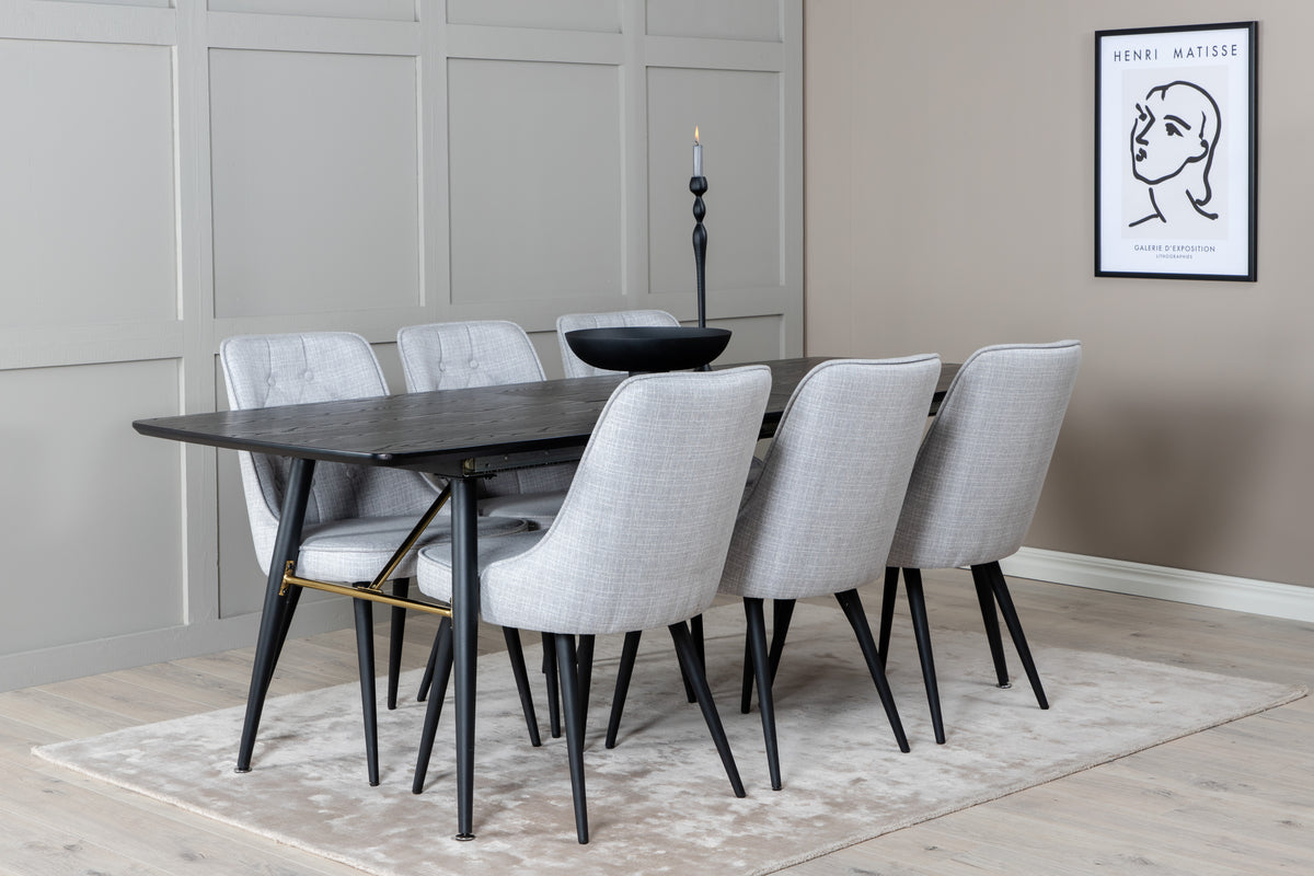 Venture Design Gold & Velvet Deluxe Rektangulära Matbord 180 x 85 Svart + Matstolar 2-pack Grå