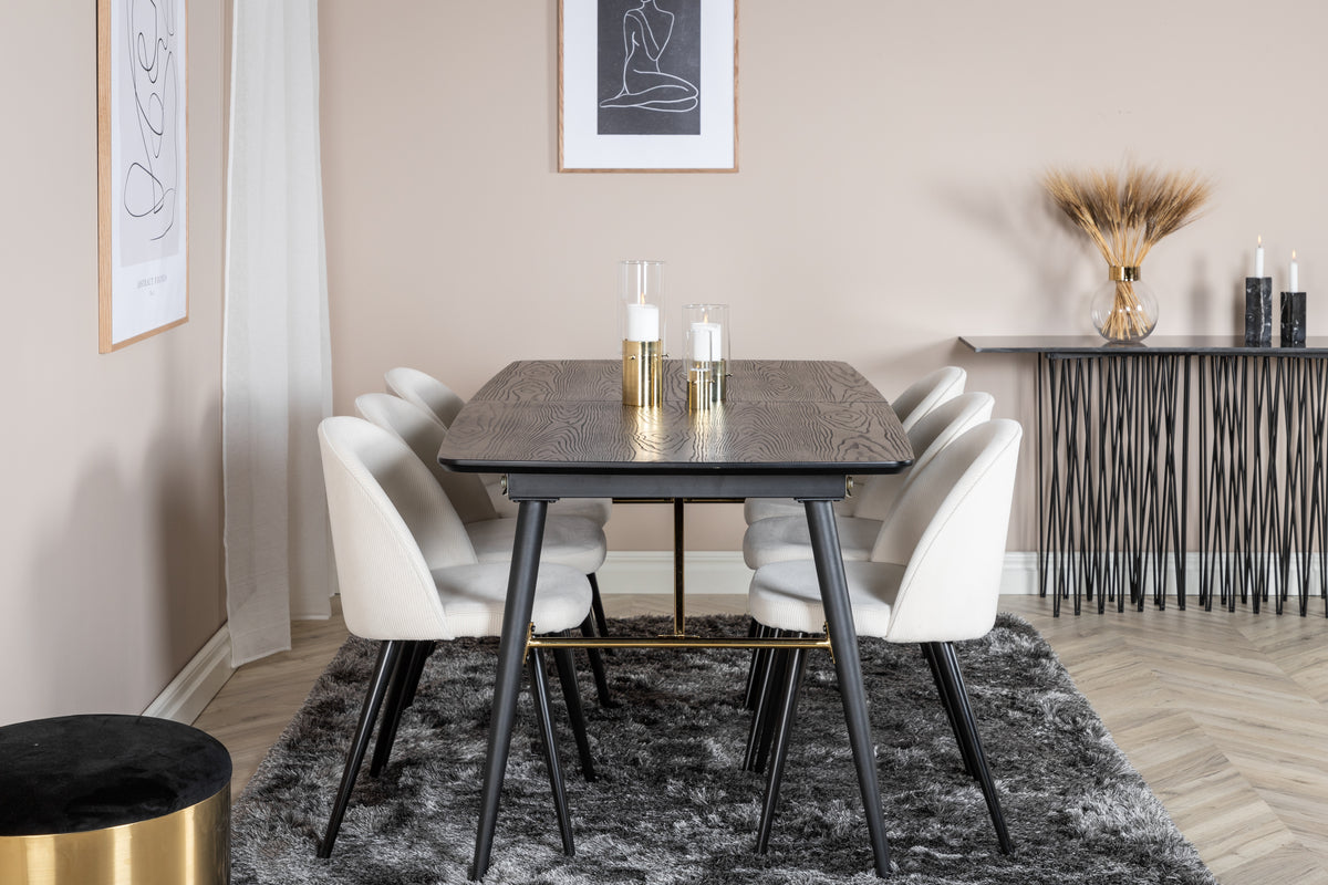 Venture Design Gold & Velvet Matbord 85x180 + Matstolar Vit