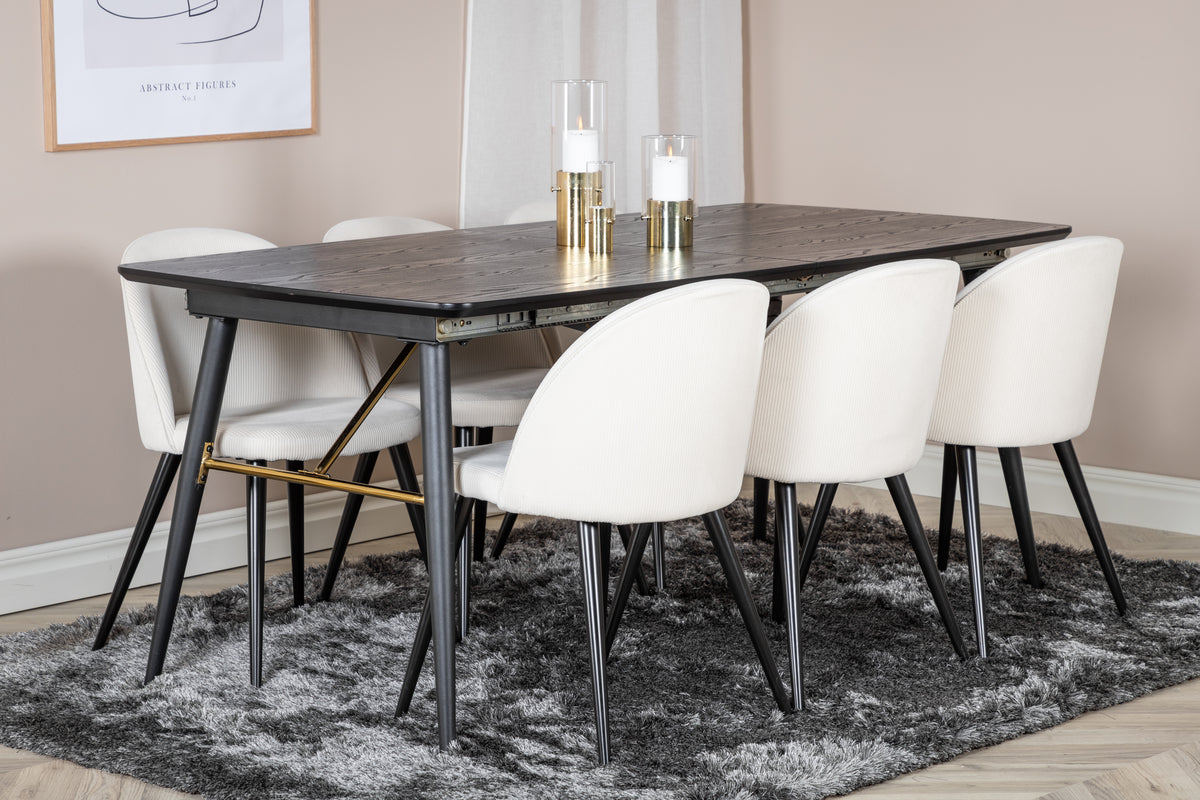Venture Design Gold & Velvet Matbord 85x180 + Matstolar Vit