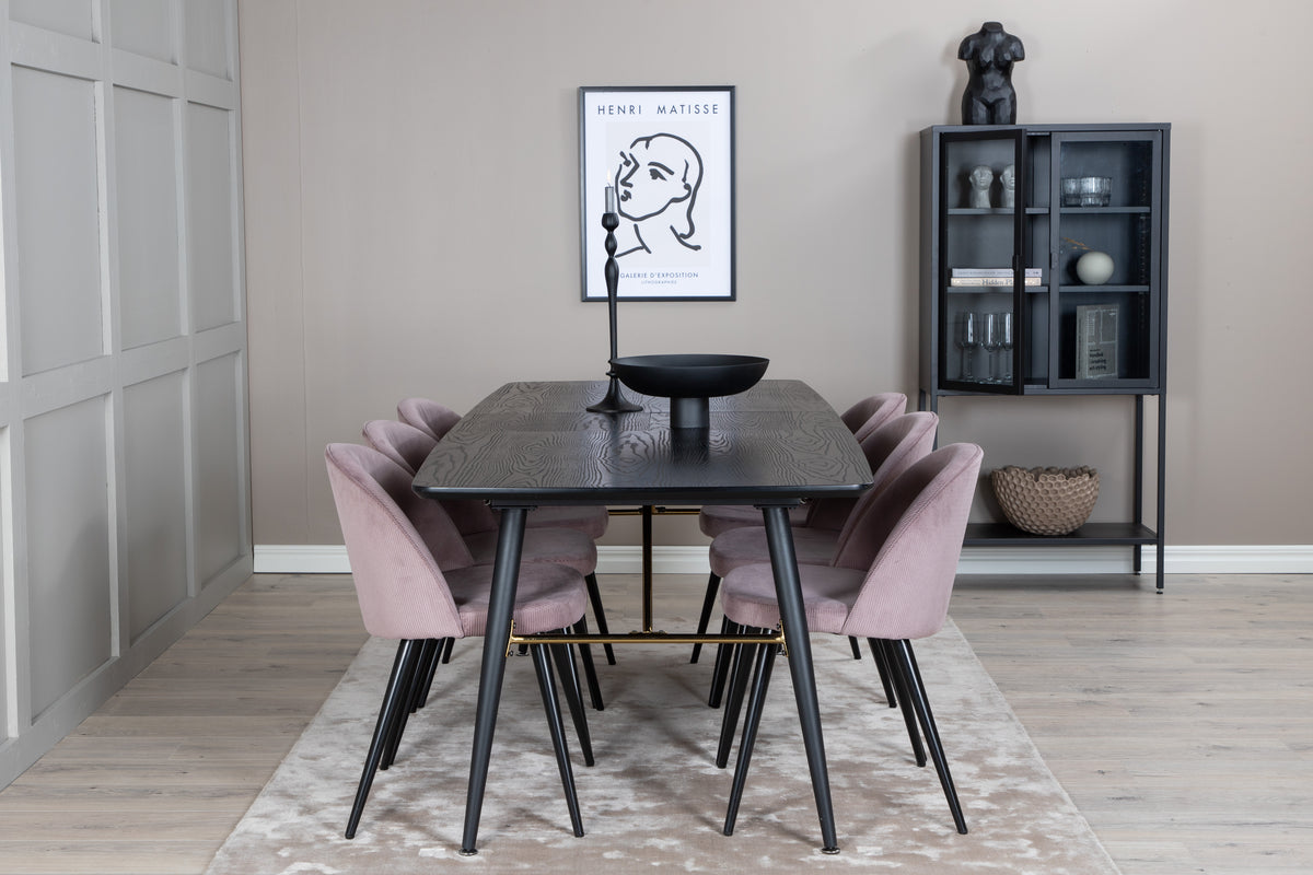Venture Design Gold & Velvet Rektangulära Matbord 180 x 85 Svart + Matstolar 2-pack Gammelrosa