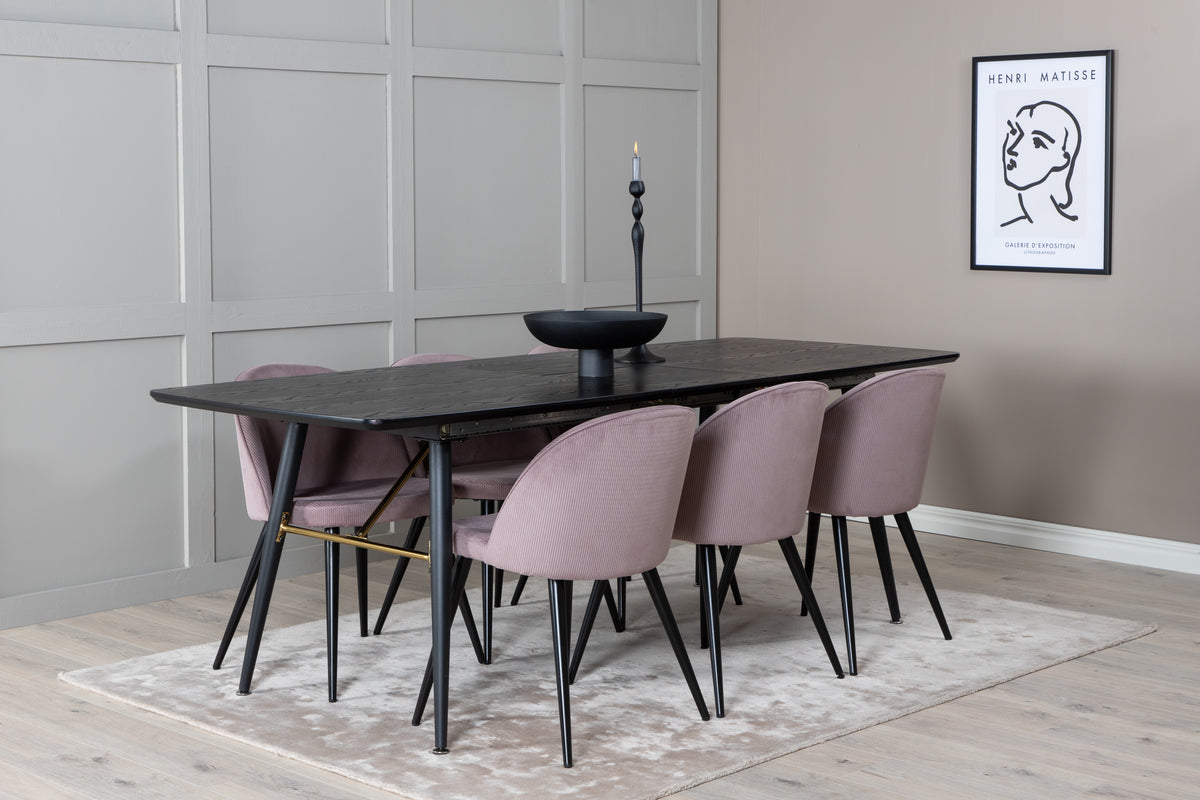 Venture Design Gold & Velvet Rektangulära Matbord 180 x 85 Svart + Matstolar 2-pack Gammelrosa