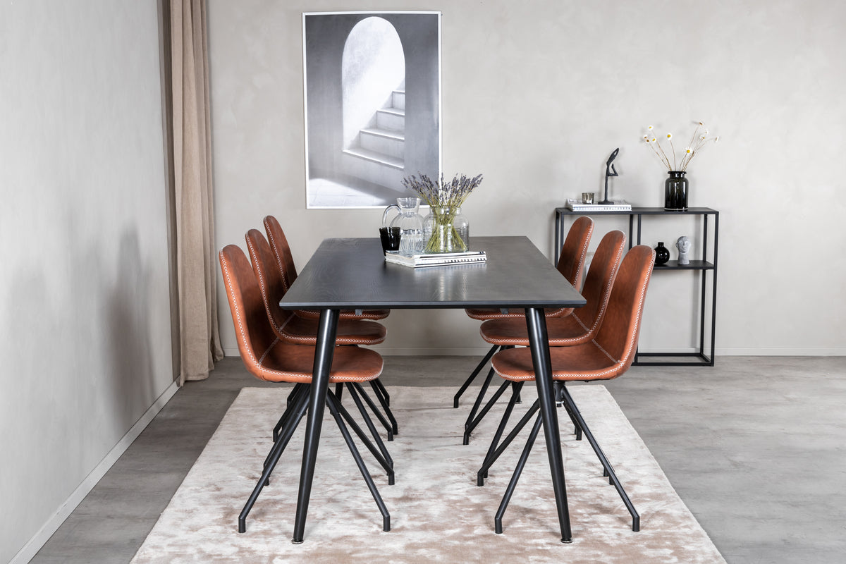 Venture Design Dipp & Polar Rektangulära Matbord 180 x 90 Svart + Matstolar 2-pack Brun