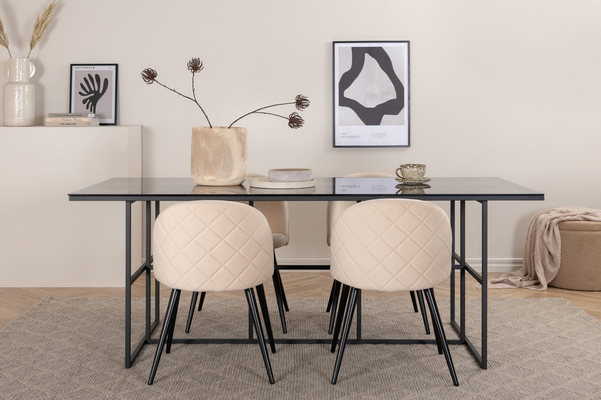Venture Design Leif & Velvet Rektangulära Matbord 200 x 90 Svart + Matstolar 2-pack Beige