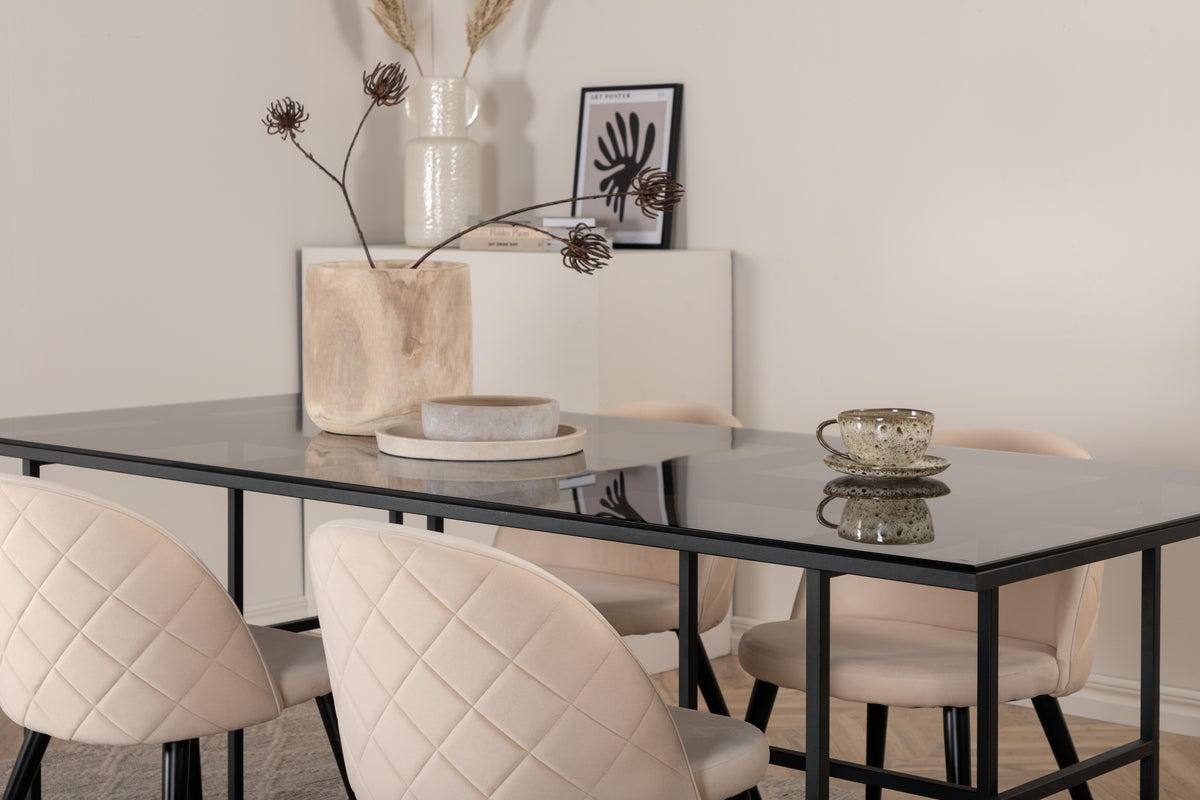 Venture Design Leif & Velvet Rektangulära Matbord 200 x 90 Svart + Matstolar 2-pack Beige