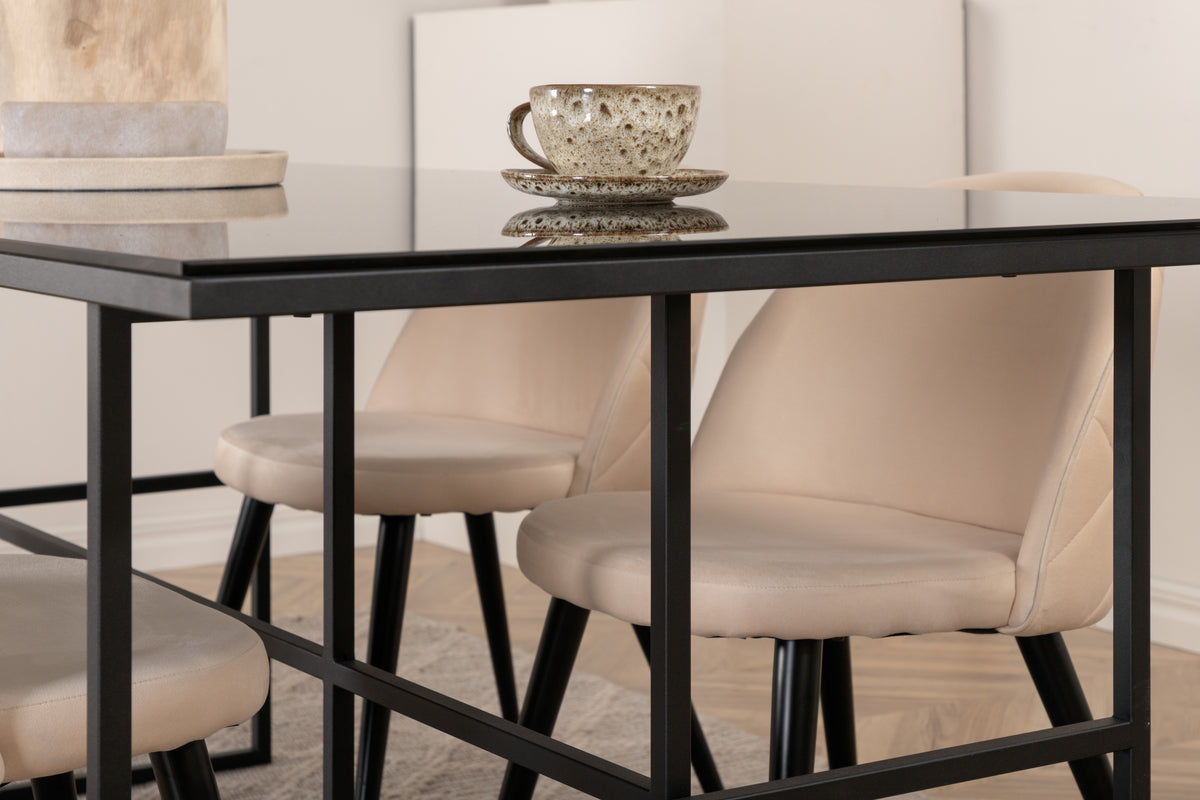 Venture Design Leif & Velvet Rektangulära Matbord 200 x 90 Svart + Matstolar 2-pack Beige