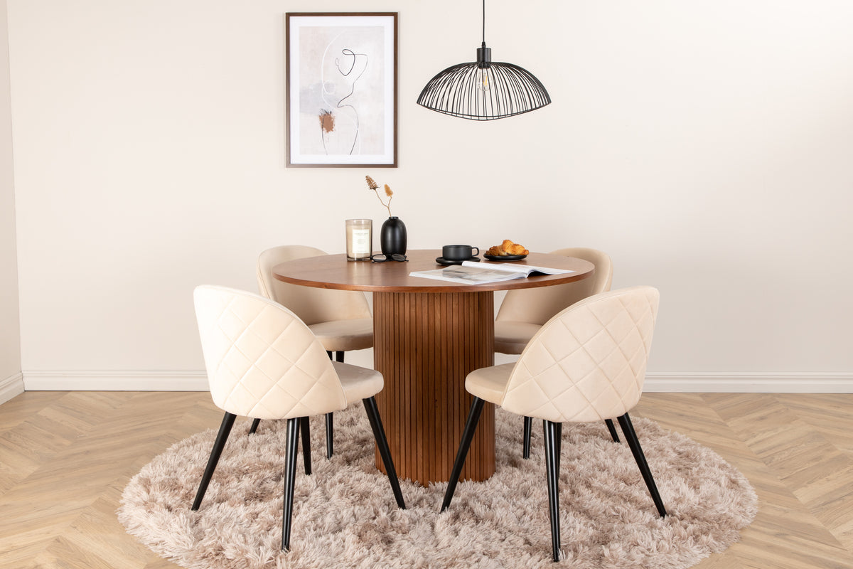 Venture Design Bianca & Velvet Runda Matbord ⌀110 Valnöt + Matstolar 2-pack Beige