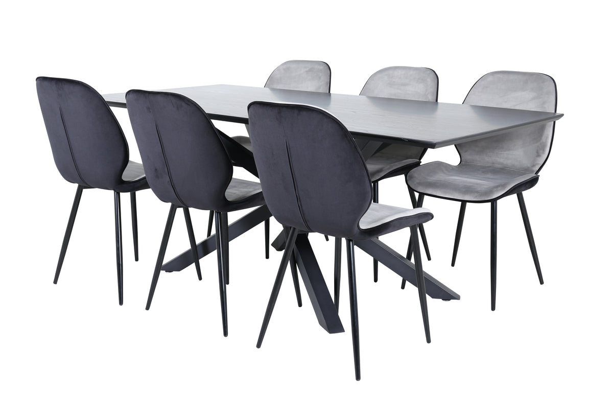 Venture Design Emma & Piazza Matstolar 2-pack Grå + Rektangulära Matbord 180 x 90 Svart