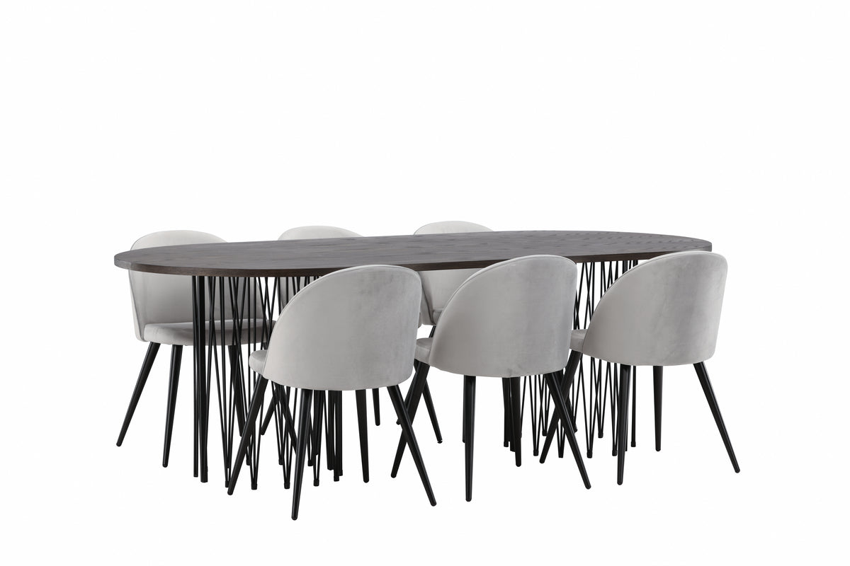 Venture Design Velvet & Stone Matstolar 2-pack Grå + Ovala Matbord 220 x 100 Mocka
