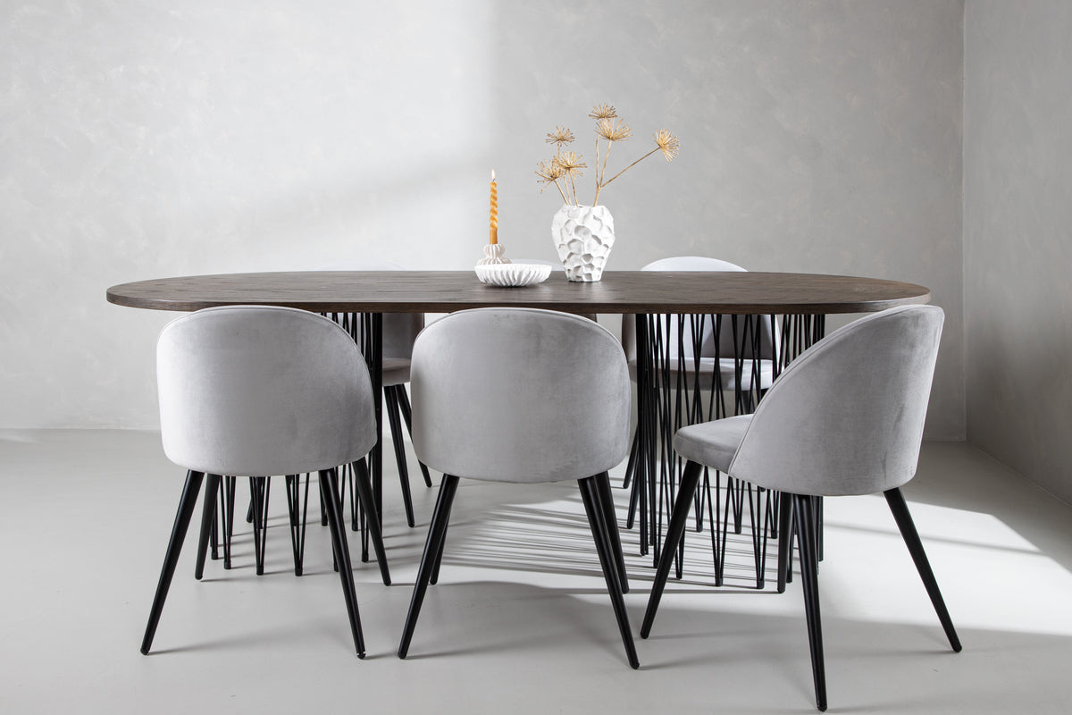 Venture Design Velvet & Stone Matstolar 2-pack Grå + Ovala Matbord 220 x 100 Mocka