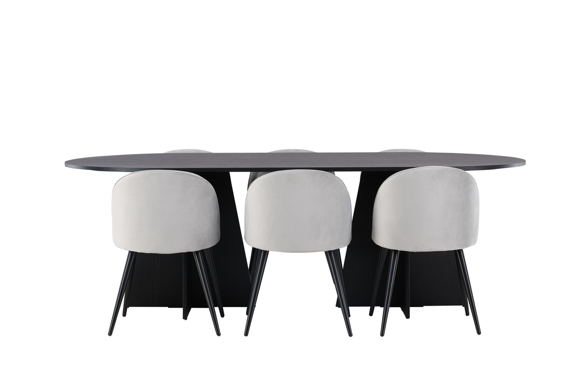 Venture Design Velvet & Bootcut Matstolar 2-pack Grå + Ovala Matbord 230 x 115 Svart