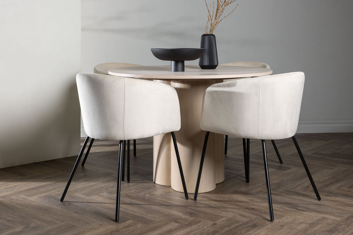 Venture Design Berit & Olivia Matstolar Beige + Runda Matbord ⌀110 Vitputsad
