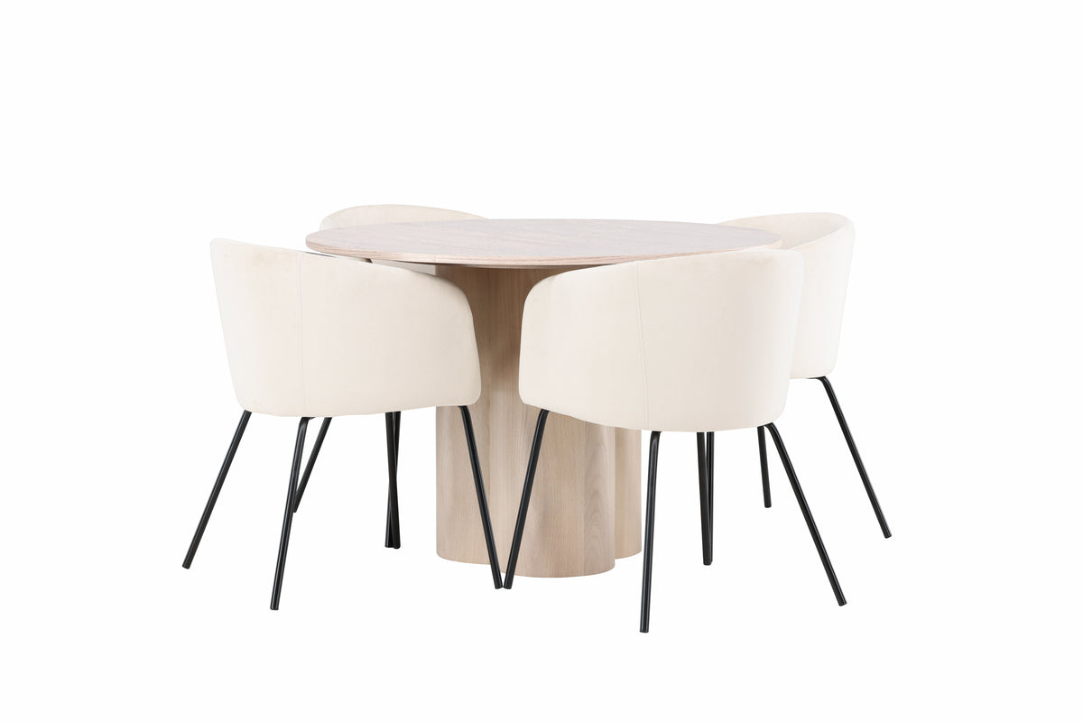 Venture Design Berit & Olivia Matstolar Beige + Runda Matbord ⌀110 Vitputsad
