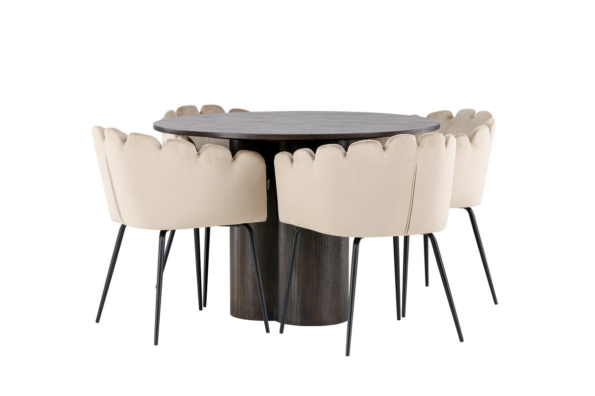 Venture Design Limhamn & Olivia Matstolar Beige + Runda Matbord ⌀110 Mocka