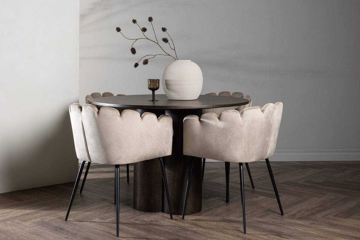 Venture Design Limhamn & Olivia Matstolar Beige + Runda Matbord ⌀110 Mocka